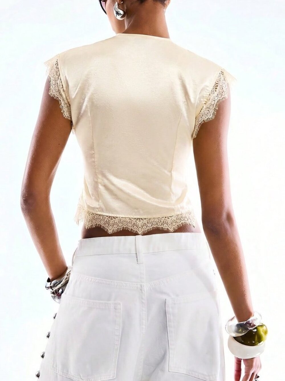 Beige Casual Women's Minimalist Lace Patchwork Asymmetrical Hem Sleeveless Top - Picture 2 of 6
